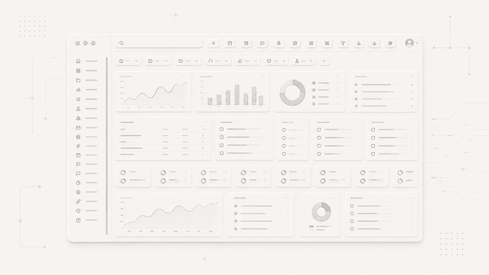 A pale, minimal dashboard interface crowded with charts, lists, and widgets