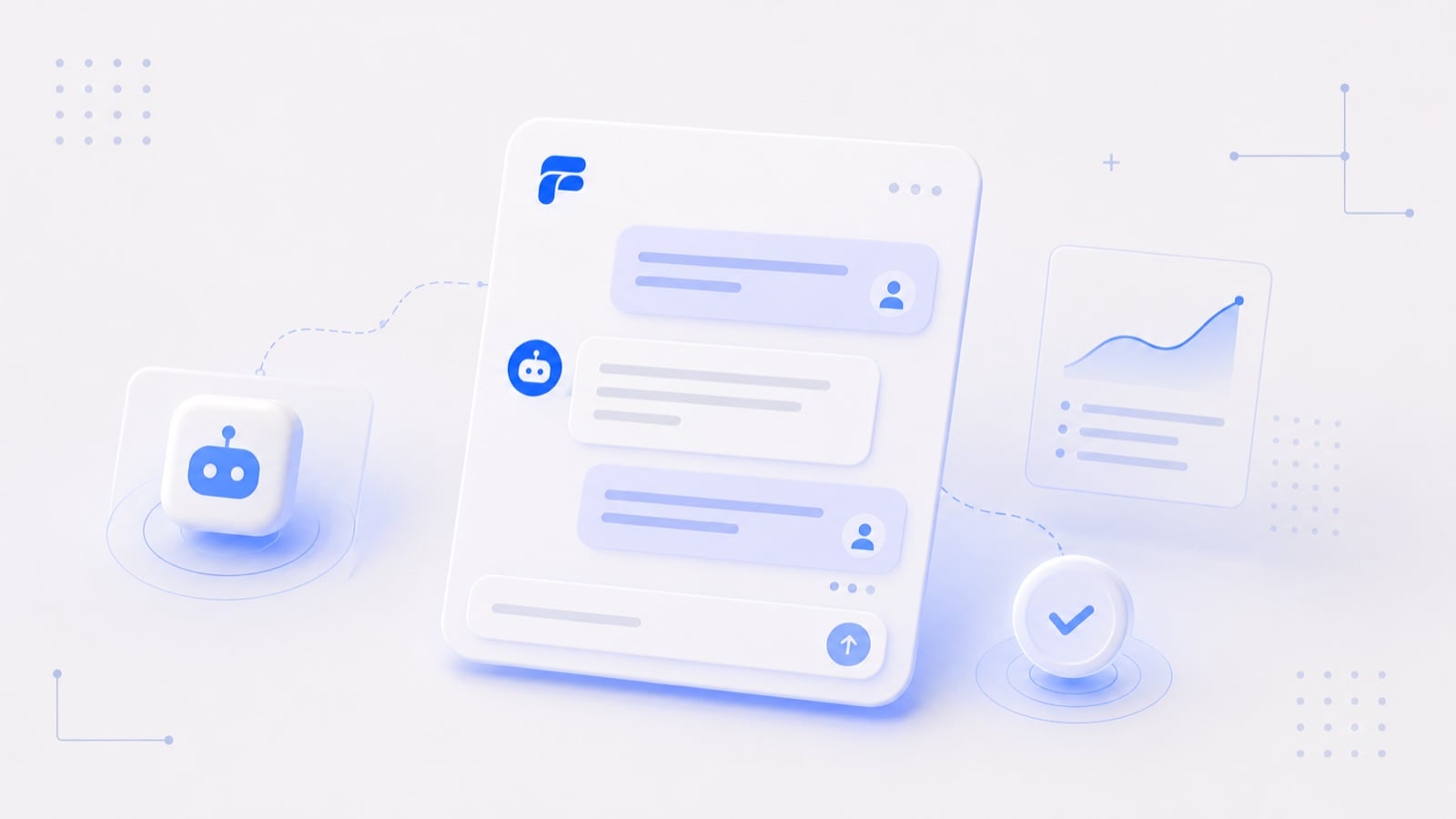 Illustration of an AI support assistant chat panel with analytics and a resolved-ticket check mark