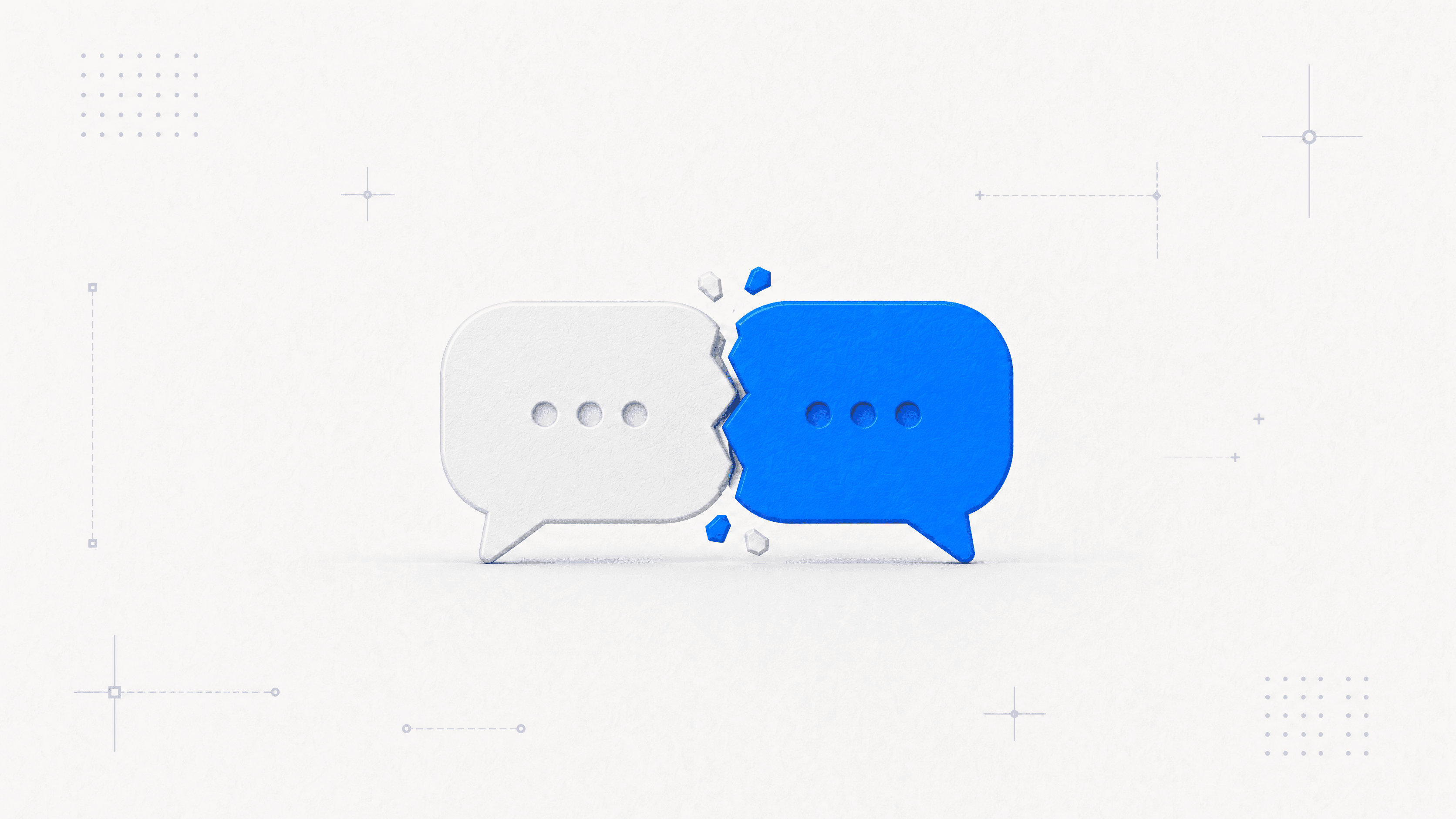 Two matte chat bubbles, one white and one blue, colliding along a fractured edge