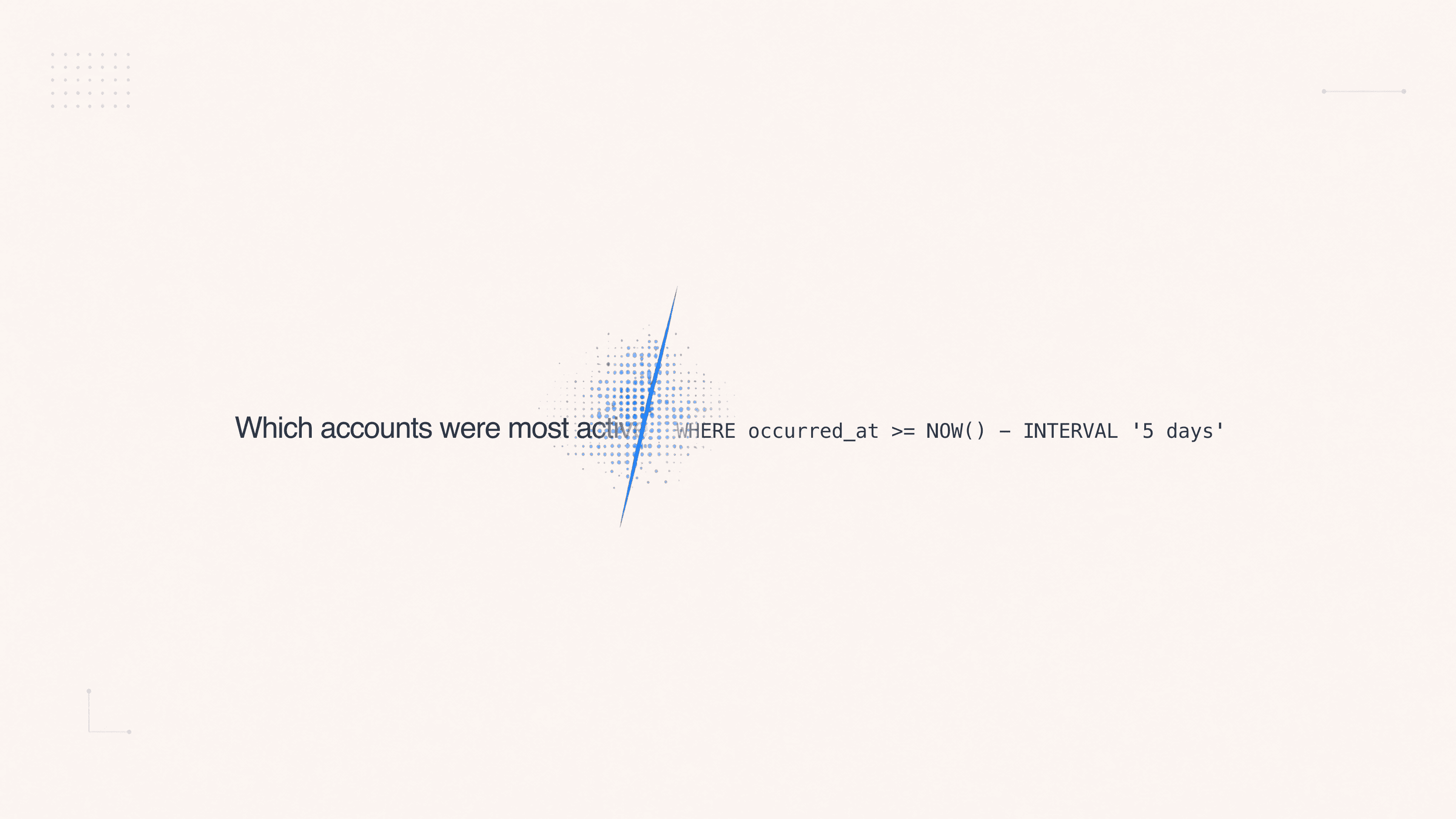 A plain-English analytics question transforms through a blue scan into the end of a SQL query