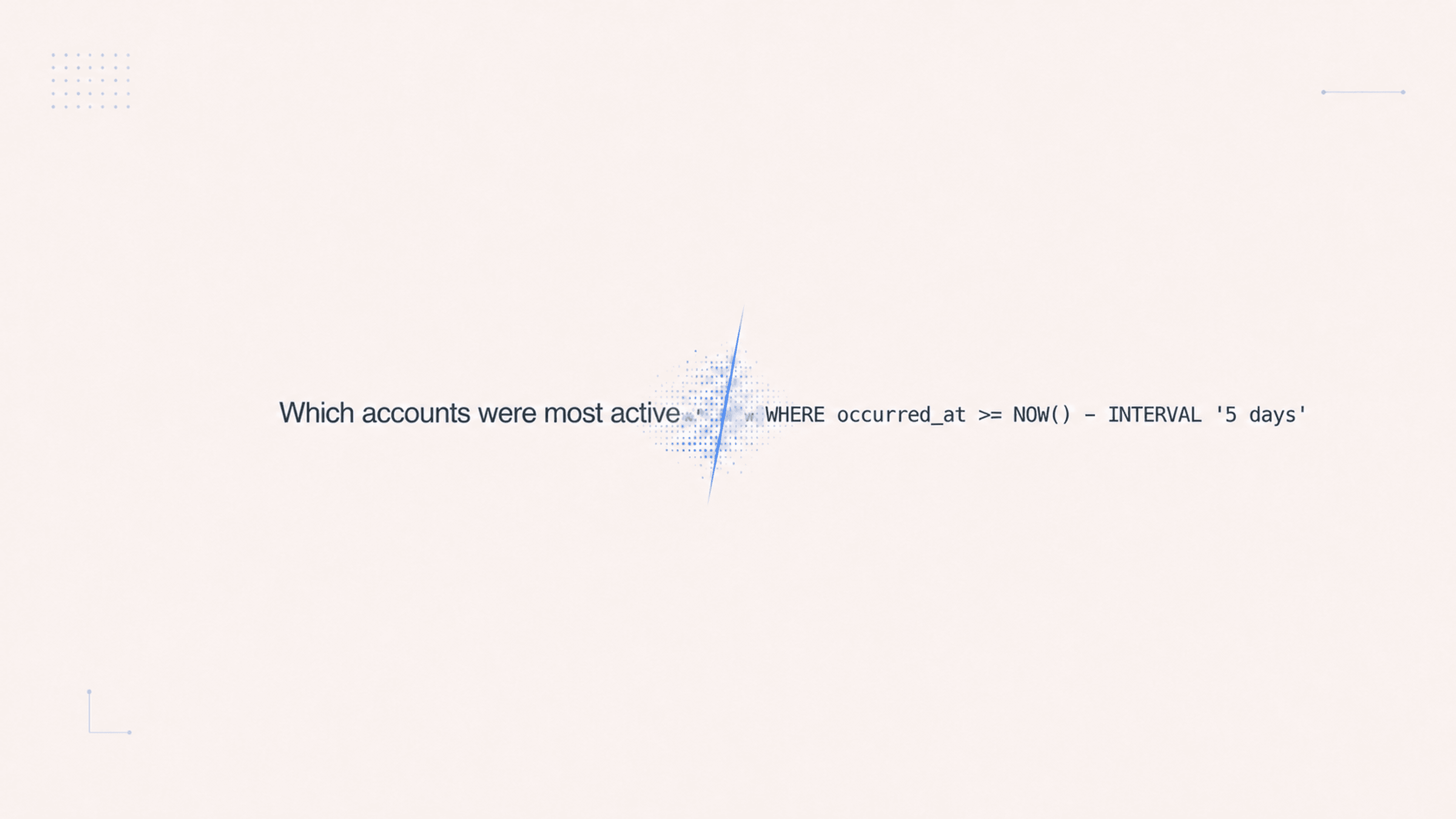A plain-English analytics question transforms through a blue scan into the end of a SQL query