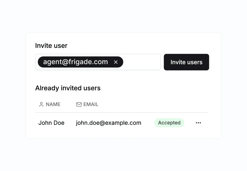 Invite user panel with agent@frigade.com pending invite