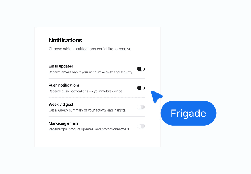 Notifications settings with a Frigade cursor interacting with a toggle