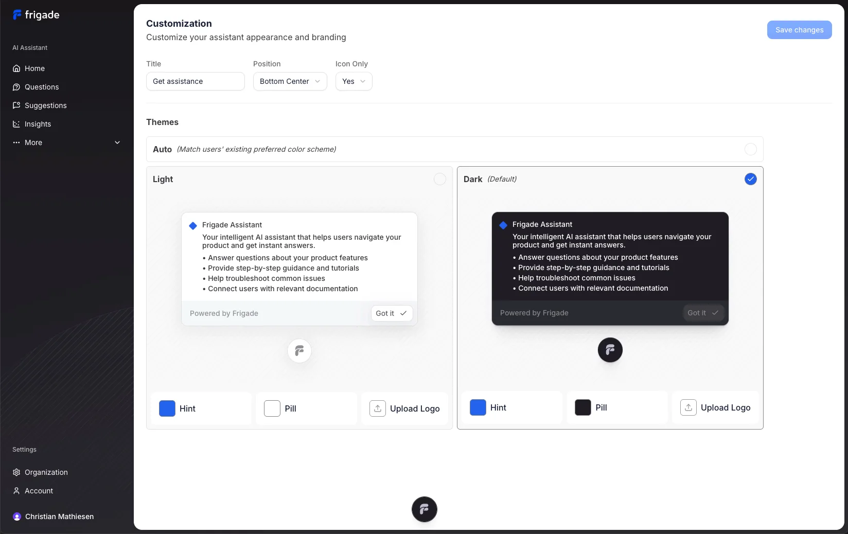 Assistant Customization screen with Light and Dark themes side-by-side