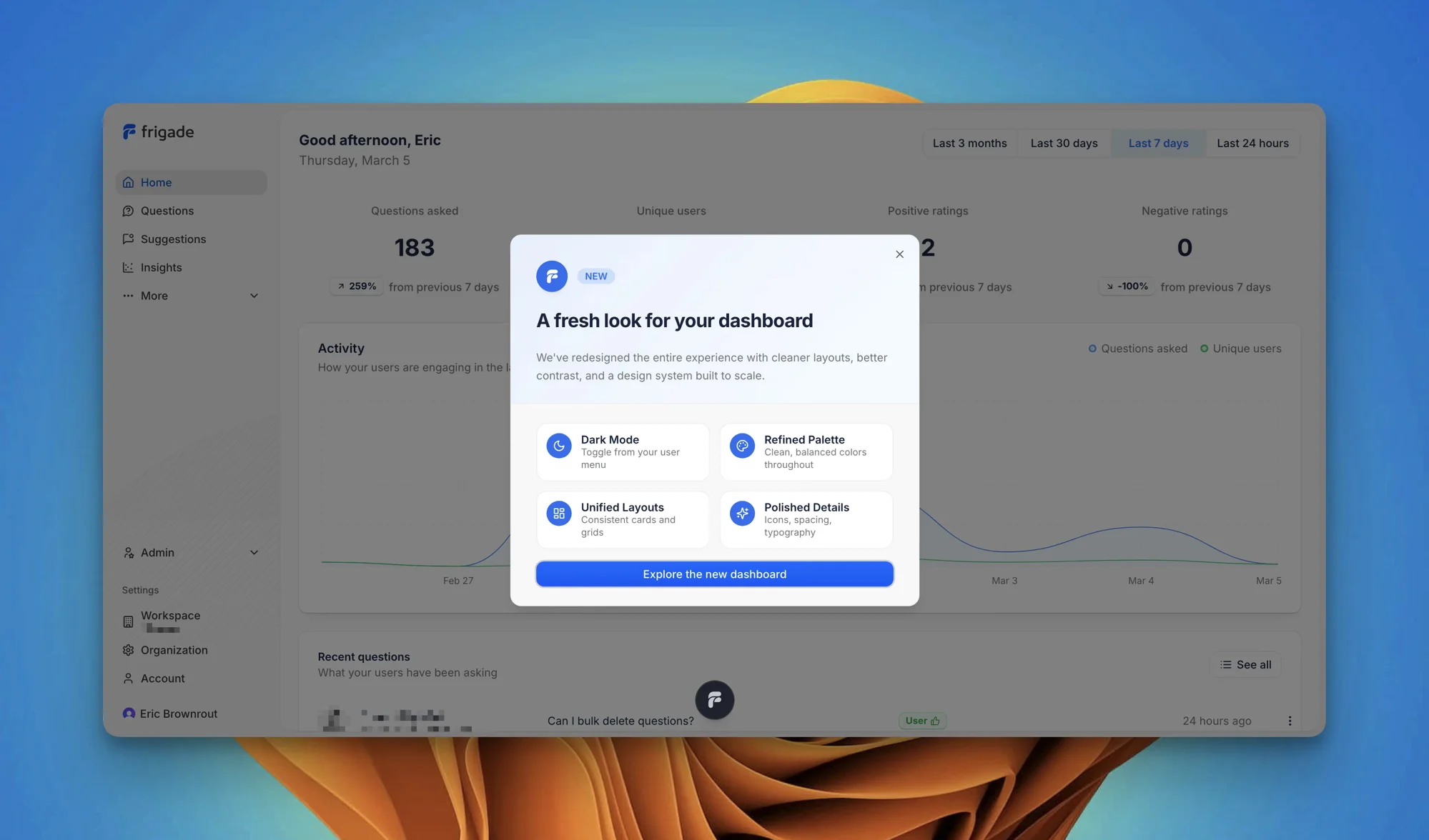 New dashboard overview with the fresh look modal
