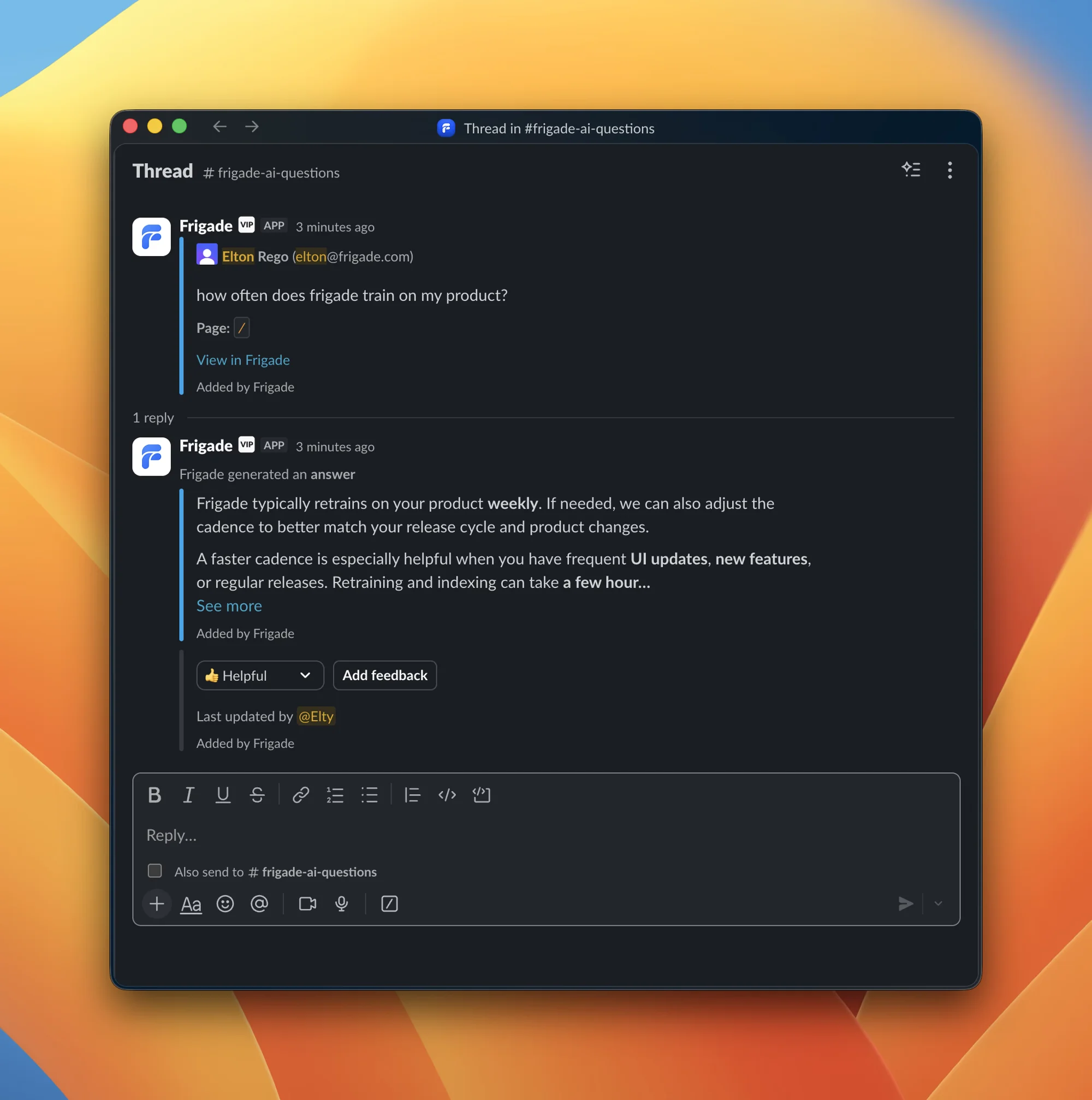 Frigade responding inside a Slack thread with feedback controls