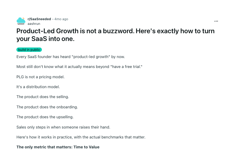 r/SaaSneeded post by u/aashrun arguing PLG is a distribution model