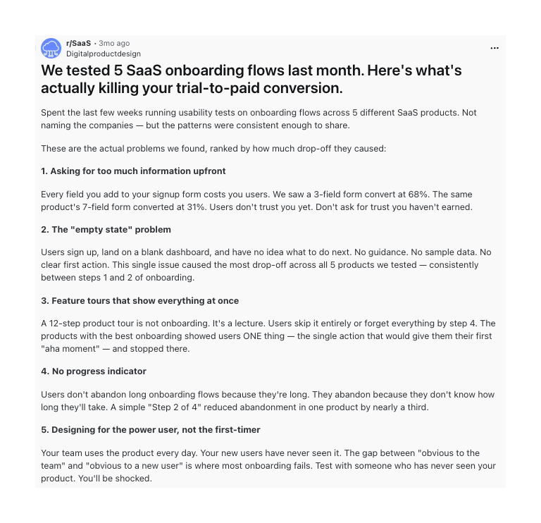 r/SaaS post by u/Digitalproductdesign about testing 5 SaaS onboarding flows last month