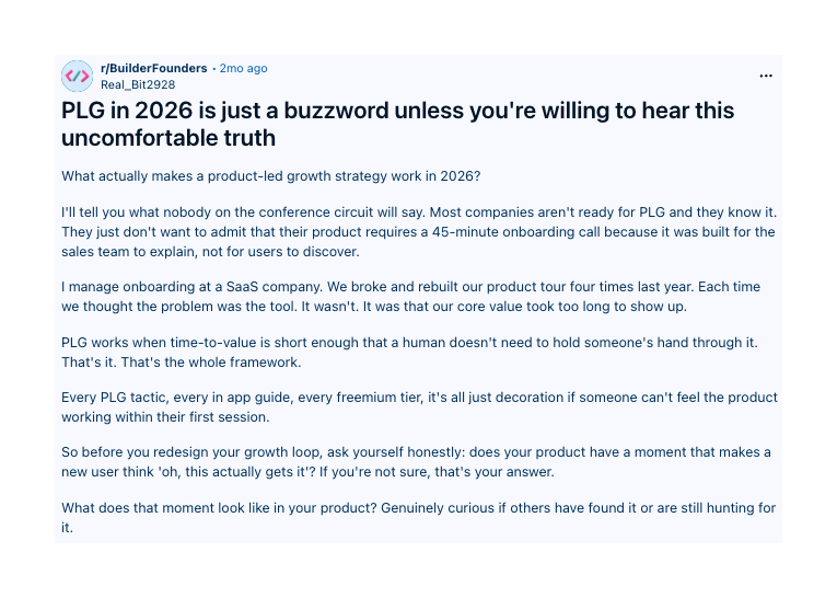 r/BuilderFounders post by u/Real_Bit2928 about PLG and an uncomfortable truth