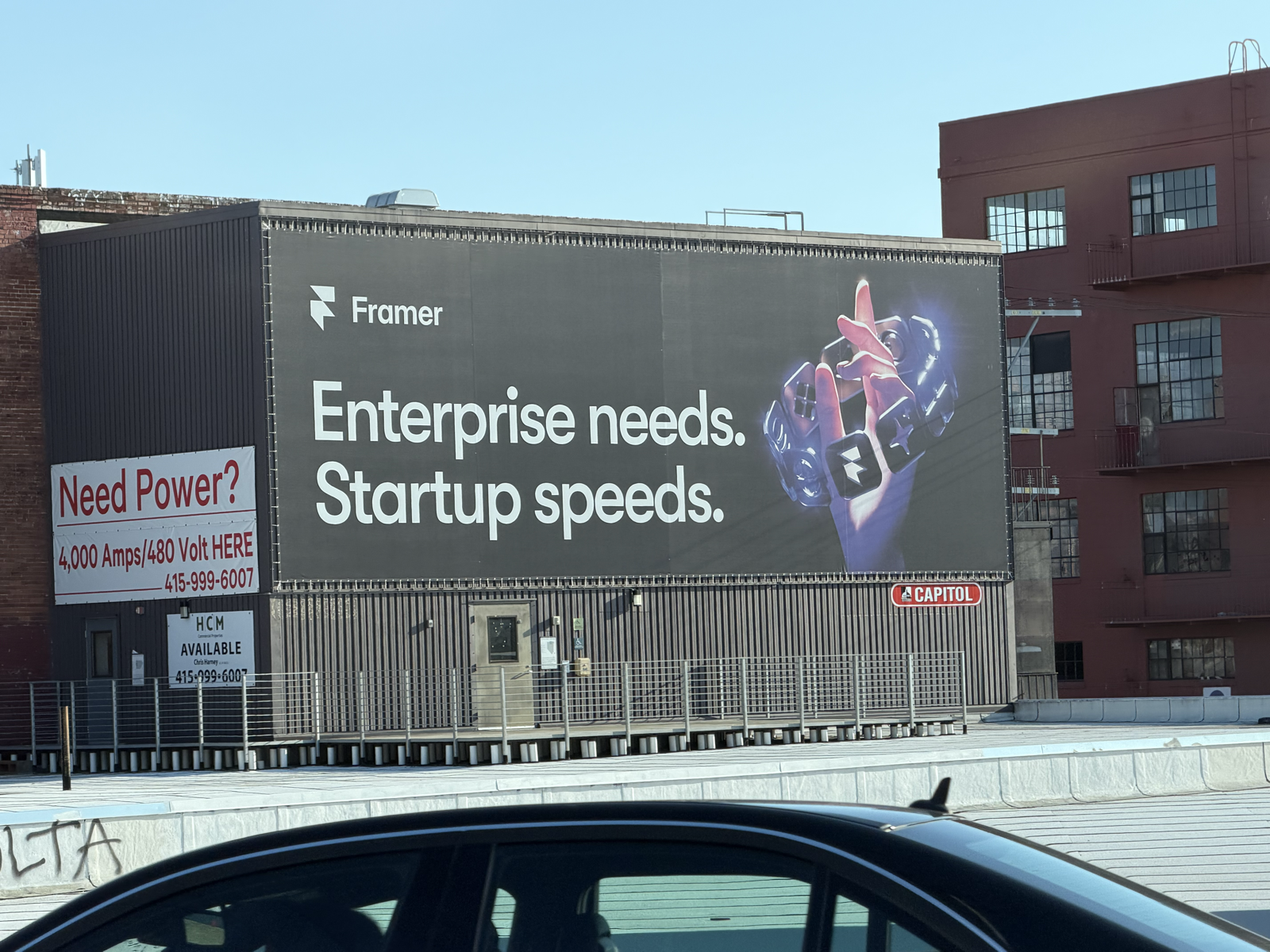 A Framer billboard reading "Enterprise needs. Startup speeds."